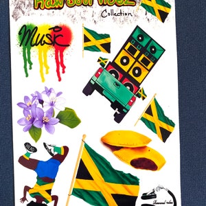May include: A sticker sheet with a Jamaican theme, featuring the text "Raw Soul Vibez Collection." The design includes Jamaican flags, a truck with speakers, flowers, a dancer, and the word "Music" in graffiti style.