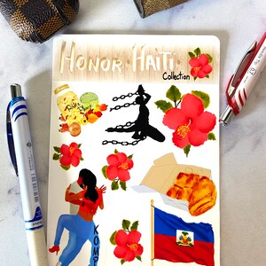 Puede incluir: Una hoja de pegatinas con las palabras "Honor Haiti Collection" e ilustraciones de la cultura haitiana. Incluye una bandera, flores, gente bailando y comida. Las palabras "Fully Blended" y "Kompa" también son visibles.