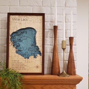 Mapa batimétrico 3D do lago Mille Lacs - Design digital SVG para corte a laser Glowforge 3mm