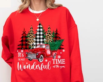 It's The Most Wonderful Time Of The Year Shirt, Red Truck Christmas Shirt, Buffalo Plaid Christmas Sweatshirt, Fun Family Christmas Gift