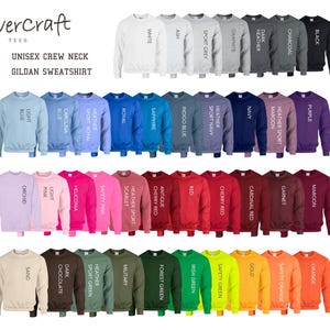 May include: A variety of Gildan crew neck sweatshirts in different colors, including white, ash, sport grey, graphite, dark heather, charcoal, black, light blue, carolina blue, heather sport royal, royal, sapphire, indigo blue, heather sport navy, navy, maroon, heather sport, purple, orchid, light pink, heliconia, safety pink, heather sport scarlet, antique cherry red, red, cherry red, cardinal red, garnet, maroon, sand, dark chocolate, heather sport green, military, forest green, irish green, safety green, gold, safety orange, and orange.
