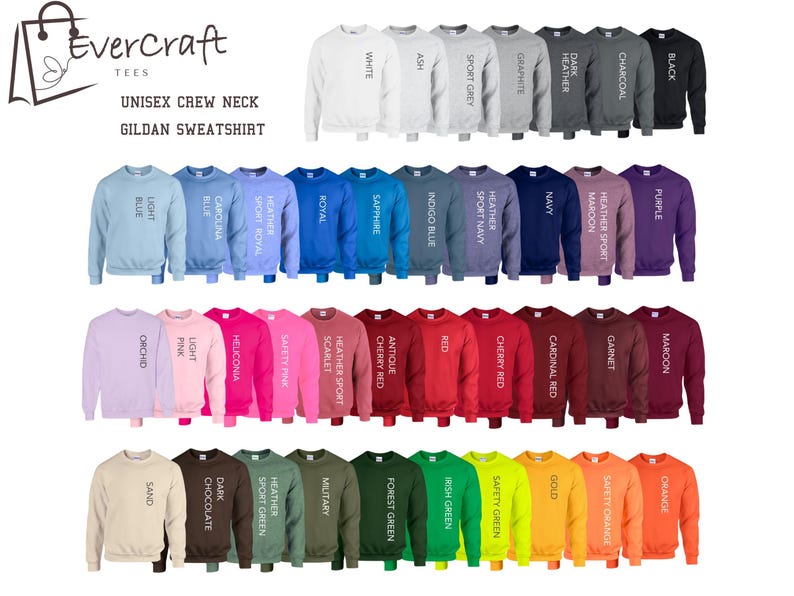 Peut inclure: Une collection de sweatshirts unisexe &agrave; col ras du cou Gildan de diff&eacute;rentes couleurs, dont blanc, noir, bleu et vert. L'image pr&eacute;sente les sweatshirts dispos&eacute;s de mani&egrave;re ordonn&eacute;e, mettant en valeur la gamme de teintes disponibles.