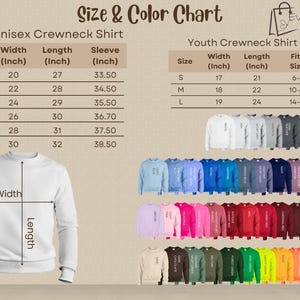 Peut inclure: Tableau des tailles et des couleurs pour les chemises &agrave; col ras du cou pour adultes et jeunes. Les tailles adultes vont de S &agrave; 3XL, avec des largeurs de 50,8 &agrave; 76,2 cm et des longueurs de 68,6 &agrave; 81,3 cm. Les tailles jeunes vont de S &agrave; L.
