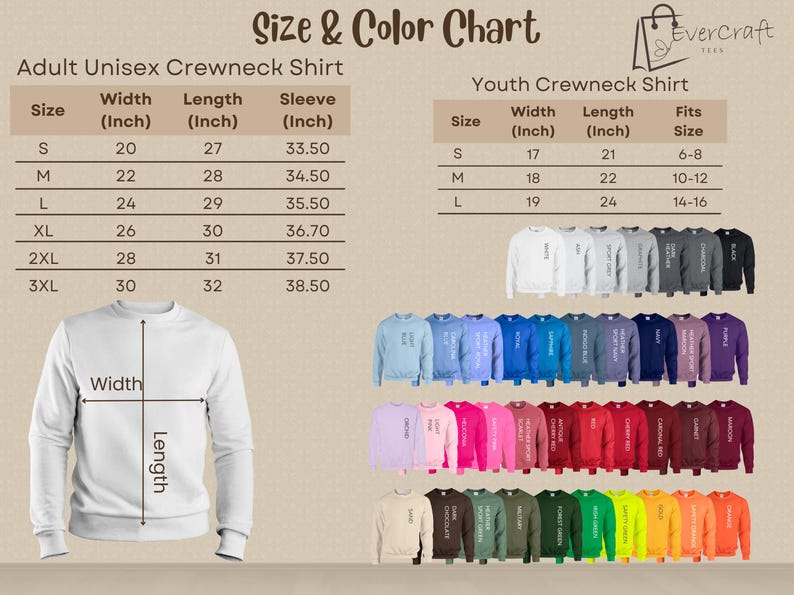 May include: Size and color chart for adult and youth crewneck shirts. The chart shows the width, length, and sleeve length in inches for each size. The chart also shows the corresponding youth size for each adult size. The chart includes a variety of colors for the shirts.