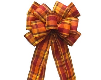 Fall Yellow Orange Red Plaid Handmade Bow for Fall, Door Wreath, Home Autumn Indoor Decorations, Front Door Accent