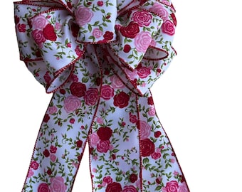 Pink Red Rose Bow with Size Options Add On Embellishment for Wreath Staircase Lantern Basket Garland Tree Topper Gift Front Door Decoration