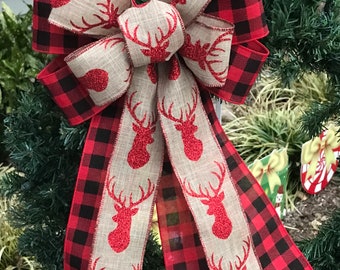 Rood/zwart buffelplaid met hertenkerststrik voor kransen, lantaarns, guirlande, voordeurdecoratie