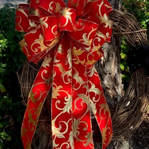 Red Velvet with Gold Swirls Christmas Bow for Wreath, Swag, Lantern, Tree Topper, Garland, Decorative Accent