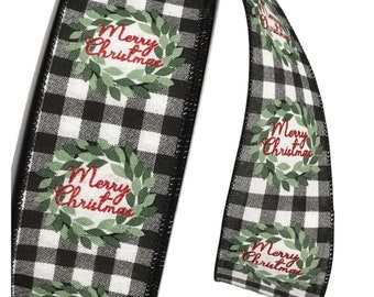 White Black Buffalo Plaid w/ "Merry Christmas” Wire Edge Ribbon