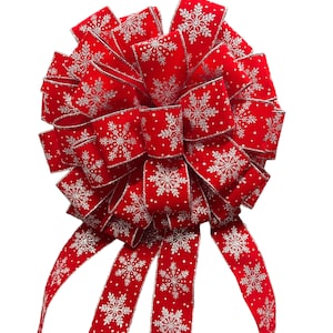 Red Velvet with Silver Glitter Snowflakes Tree Topper Bow
