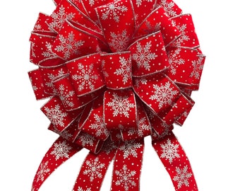 Red Velvet with Silver Glitter Snowflakes Tree Topper Bow