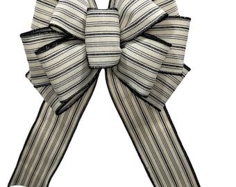 Black/Beige Ticking Stripe Farmhouse Christmas Bow for Wreaths, Swags, Tree Toppers, Garland, Front Door Accent, Christmas Decoration