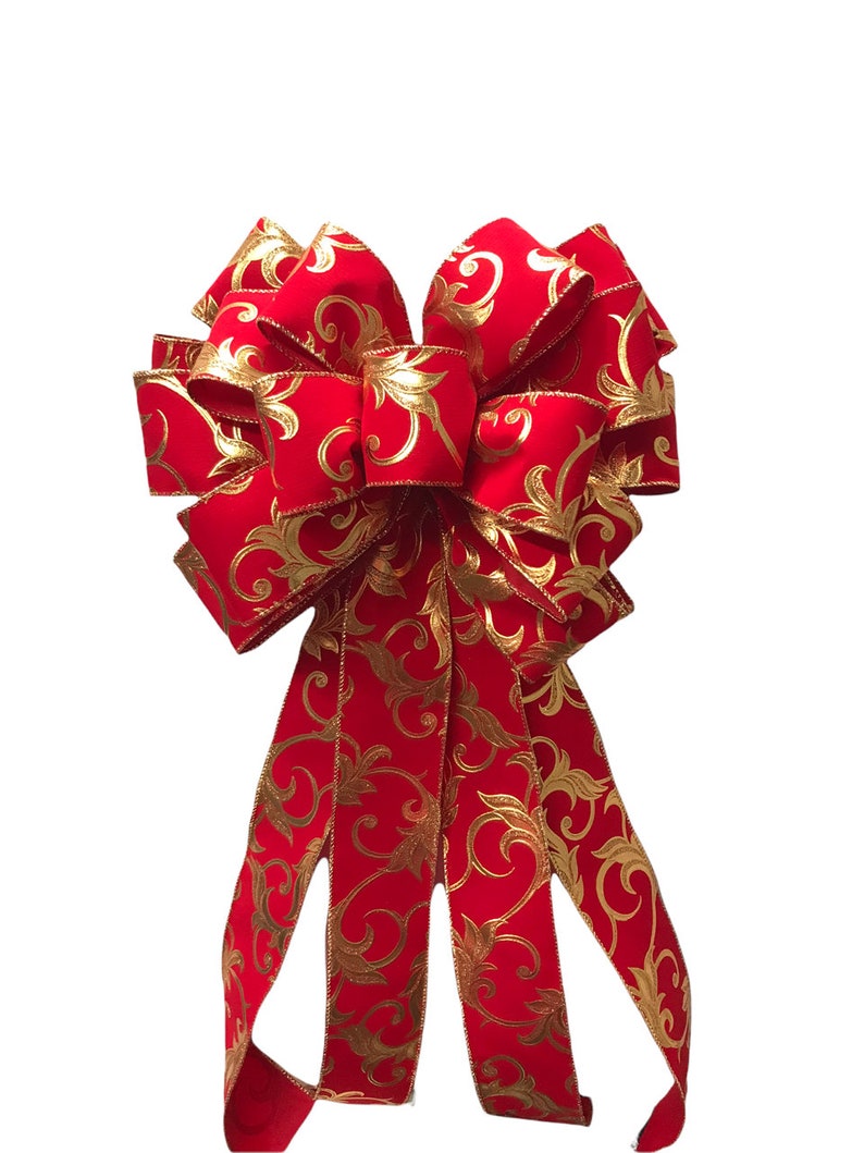 Red Velvet With Gold Swirls Christmas Bow for Wreath, Swag, Lantern ...