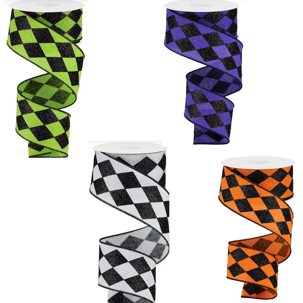 Glitter Harlequin Check Ribbon 2" x 10 Yard Spool Orange/Black Lime Green/Black White/Black