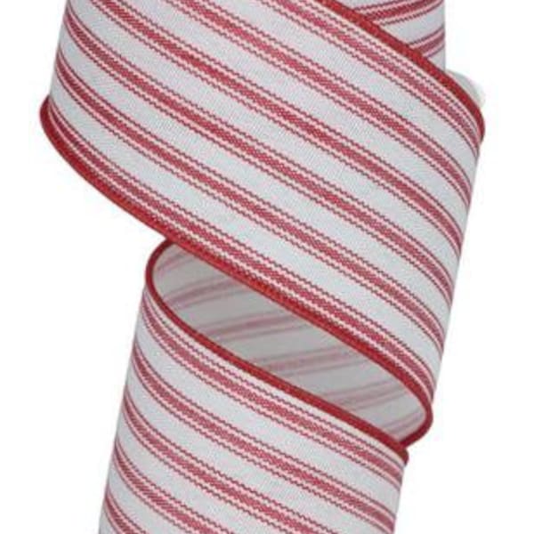 Ticking Stripe:  Dark Red/White, 2.5" x 10 Yard Wire Edge Ribbon Spool, RGE149727