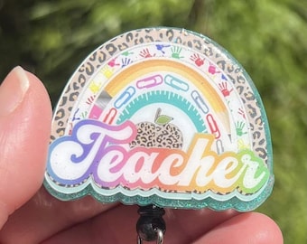 Rainbow Teacher Badge Reel • Leopard Print ID Holder • Cute Retractable Badge Clip • Teacher Appreciation Gift • Classroom Accessory
