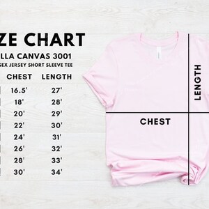 May include: Size chart for Bella Canvas 3001 unisex jersey short sleeve tee. The chart shows chest and length measurements in inches for sizes XS to 4XL.