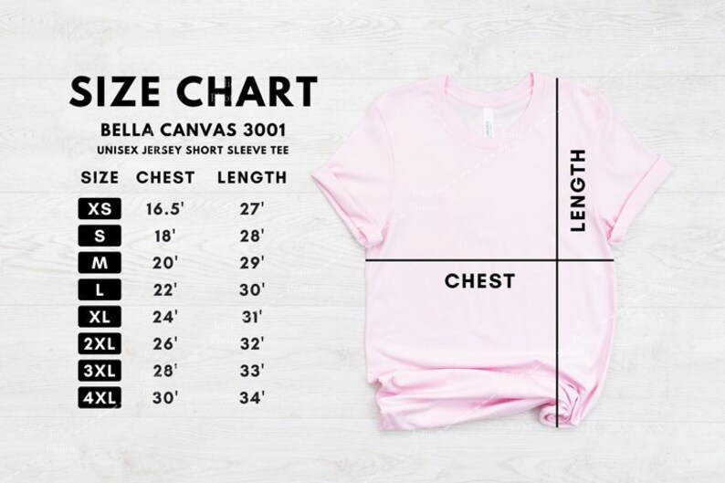 May include: Size chart for Bella Canvas 3001 unisex jersey short sleeve tee. The chart shows chest and length measurements in inches for sizes XS to 4XL.
