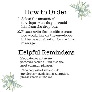 May include: A white background with black text explaining how to order envelopes and cards. The text includes instructions on how to select the quantity and personalize the envelopes. It also includes helpful reminders about personalization and ordering.