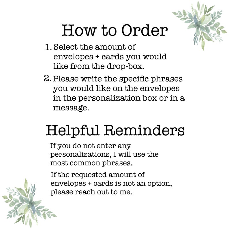 May include: A white background with black text explaining how to order envelopes and cards. The text includes instructions on how to select the quantity and personalize the envelopes. It also includes helpful reminders about personalization and ordering.