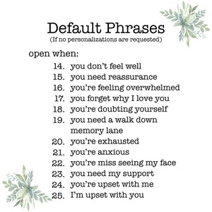 May include: A list of default phrases for opening a conversation, such as "You don't feel well" or "You need reassurance".