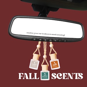 May include: Three car air fresheners suspended from a rearview mirror. The bottles have wooden lids and labels reading "cracking birch", "vanilla pumpkin", and "fall farmhouse". The mirror displays the text "caution: your car is about to smell amazing!"
