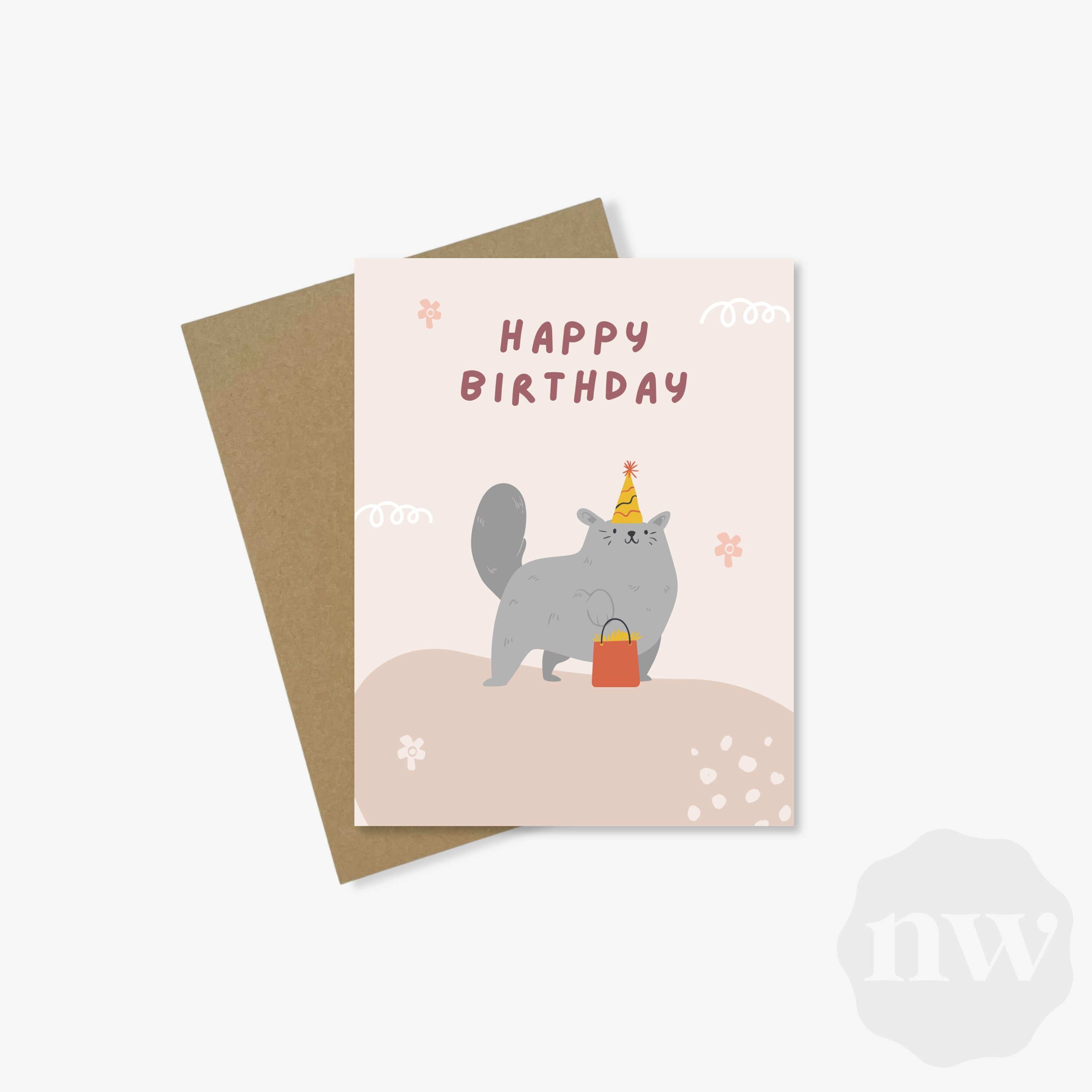 Cat Birthday Card | Cute Matte Design, Recycled Paper - Etsy