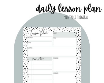 May include: Printable daily lesson plan template with a black and white polka dot background. The template includes sections for subject, topics, unit/module, lesson, objectives, lesson outline, resources, homework, and notes.