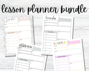 May include: Four printable lesson plan templates with different designs. The templates include sections for subject, date, lesson objectives, materials, directions, and lesson outline. The templates are designed for teachers and educators.