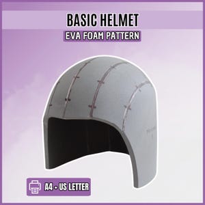 Könnte beinhalten: Ein graues EVA-Schaumstoff-Helm-Schnittmuster mit dunklen Linien und Kreuzmarkierungen auf der Oberfläche. Der Text BASIC HELMET, EVA FOAM PATTERN und A4 + US LETTER ist zu sehen. Der Helm hat eine glatte, abgerundete Oberseite.