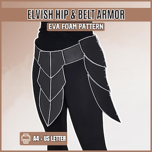 Puede incluir: Armadura de cadera y cinturón negra hecha de espuma EVA con un diseño superpuesto y puntiagudo. El texto dice ELVISH HIP & BELT ARMOR, EVA FOAM PATTERN y A4 + US LETTER. La armadura presenta contornos blancos en cada segmento, creando una apariencia estructurada.