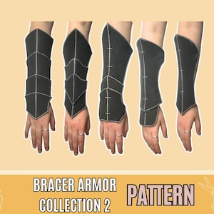 Puede incluir: Una colección de patrones de brazales negros con costuras blancas, mostrados en manos. Los brazales tienen varios diseños, incluyendo formas en capas y puntiagudas. El texto "BRACER ARMOR COLLECTION 2 PATTERN" está en la parte inferior.