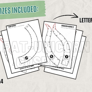 May include: A set of printable paper templates for crafting horns, featuring black line drawings on white sheets. The documents are labelled 2 SIZES INCLUDED, LETTER SIZE, and A4, with specific pages titled RAM HORNS and DRAGON HORN 2, including numbered parts.