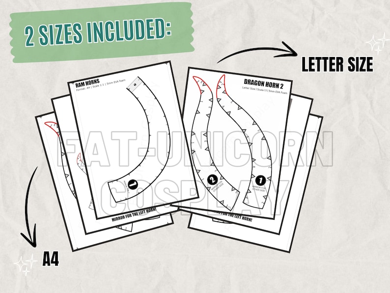 May include: A set of printable paper templates for crafting horns, featuring black line drawings on white sheets. The documents are labelled 2 SIZES INCLUDED, LETTER SIZE, and A4, with specific pages titled RAM HORNS and DRAGON HORN 2, including numbered parts.