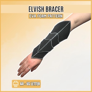 May include: A black EVA foam bracer pattern featuring a segmented, pointed design with visible white outlines. The text ELVISH BRACER, EVA FOAM PATTERN, and A4 + US LETTER are displayed on the image, indicating a printable template for crafting.