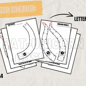 K&ouml;nnte beinhalten: Ein Set aus druckbaren Papiervorlagen zum Basteln von H&ouml;rnern, mit schwarzen Strichzeichnungen auf wei&szlig;en Bl&auml;ttern. Die Seiten sind mit 2 SIZES INCLUDED, LETTER SIZE, A4, RAM HORNS und DRAGON HORN 2 beschriftet, inklusive nummerierter Abschnitte.