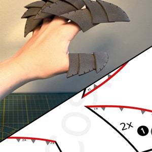 May include: A set of dark grey foam claw attachments designed to fit over fingers, featuring layered, segmented pieces with etched stitch-like details. The image includes a white paper template with black outlines, red curved lines, and labels.