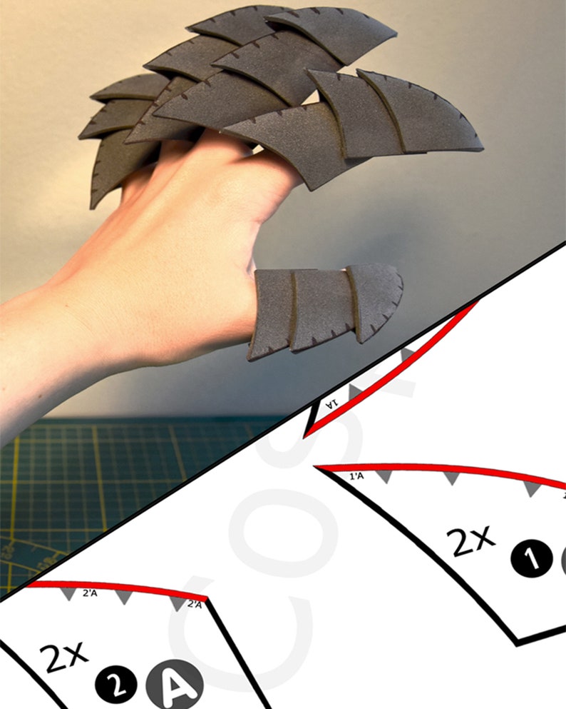 May include: A set of dark grey foam claw attachments designed to fit over fingers, featuring layered, segmented pieces with etched stitch-like details. The image includes a white paper template with black outlines, red curved lines, and labels.