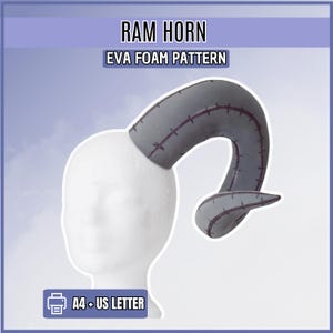 May include: A grey EVA foam ram horn pattern displayed on a white mannequin head. The text reads RAM HORN, EVA FOAM PATTERN, and A4 + US LETTER. The horn features dark stitched seam lines along its curved, tapered structure for crafting purposes.