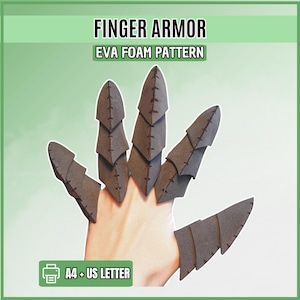 May include: Finger armor EVA foam pattern featuring dark grey segmented pieces designed to cover the fingers. The text reads FINGER ARMOR, EVA FOAM PATTERN, and A4 + US LETTER. The design consists of layered, pointed foam sections.