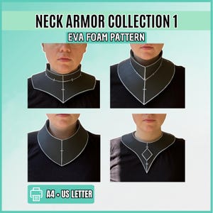 以下が含まれることがあります： Neck Armor Collection 1 EVA Foam Pattern. 白い輪郭とマーキングが施された4つの黒いネックアーマー。テキストには「NECK ARMOR COLLECTION 1」、「EVA FOAM PATTERN」、「A4 + US LETTER」と書かれています。デザインは様々な尖った形状を特徴としています。