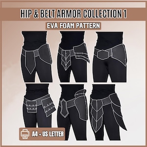 Op de afbeelding: Een digitale collectie van zes heup- en gordelpantsers van EVA-schuim op een zwarte achtergrond. De tekst luidt HIP & BELT ARMOR COLLECTION 1, EVA FOAM PATTERN en A4 + US LETTER. Elk ontwerp bevat verschillende geometrische vormen.