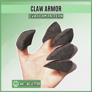May include: Claw armor EVA foam pattern featuring black, triangular, textured foam pieces with marked stitching lines. The text CLAW ARMOR, EVA FOAM PATTERN, and A4 + US LETTER are visible on the light green background, indicating a printable template.