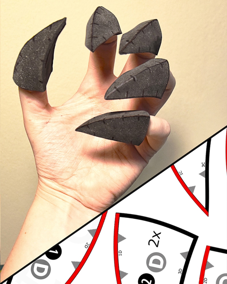 May include: Five black foam claw attachments worn on the fingertips, each featuring a textured surface and stitched detailing along the top edge. A white paper pattern sheet with black outlines and labels is visible in the lower corner.