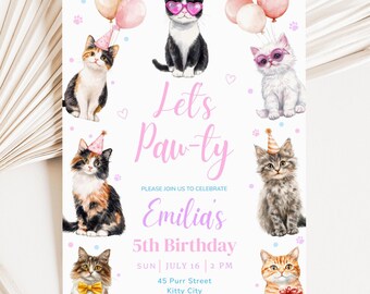 Cat Birthday Invitation, Kitten Birthday Invite, Editable Cat Party Invitation Template, Printable Cat Invite, Digital Download