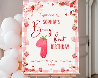 Berry First Birthday Welcome Sign, Strawberry Party Welcome Poster, Berry 1st Birthday Decoration, Editable Strawberry Theme Sign