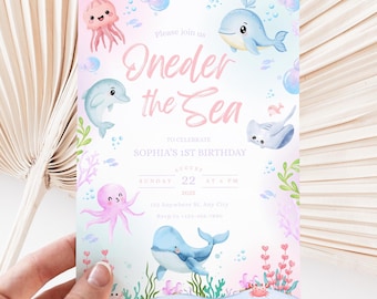 Oneder the Sea Birthday Invitation, Under the Sea 1st Birthday Invite, Editable Ocean Theme Template for Girls