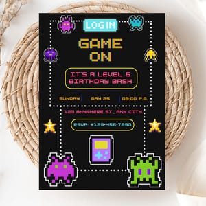 Retro Pixel Gaming Party Invitation for Kids | Customizable Birthday Invite | Instant Download | 3 Sizes BUNDLE