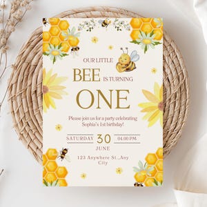 Bee Birthday Invitation, 1st Birthday Bee Invite, Editable Honey Bee Party Template, Digital Download