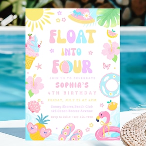 May include: A birthday invitation card featuring the text FLOAT INTO FOUR, JOIN US TO CELEBRATE SOPHIA'S 4TH BIRTHDAY, FRIDAY, JULY 25 AT 4PM, Sunny Shores Beach Club, 125 Ocean Breeze Avenue, Rsvp to Julia: +123-456-7890, with summer graphics.